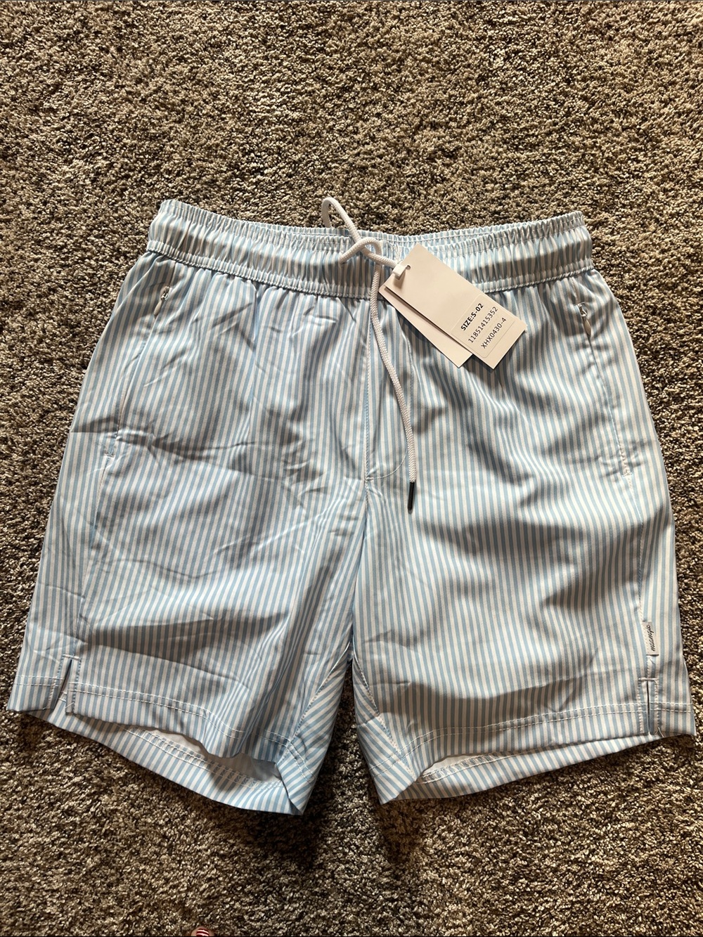 Men's Light Blue & White Striped Swim Trunks with Drawstring
